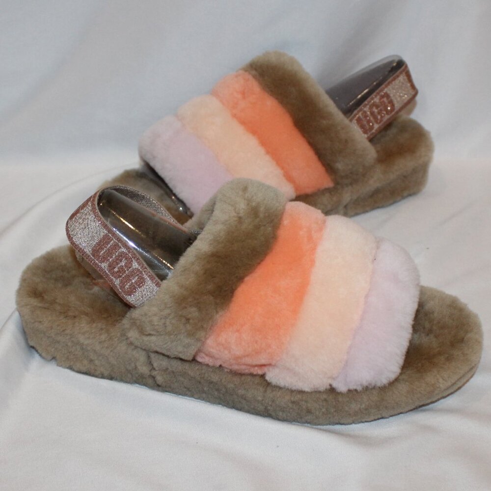 NIB UGG WOMEN'S FLUFF YEAH STRIPED SHEARLING‎ SLIP ON SLIPPER SANDALS